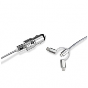 Subblim carregador de cotxe 2xusb + cable usb 3 en 1 lightning/microusb/usb-c plata