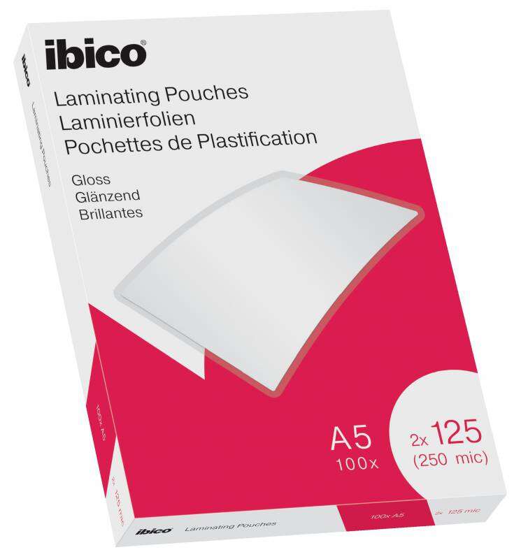 Ibico Caja De 100 Laminas De Plastificar Gloss A5 125 Micras - Acabado Cristalino De Alto Brillo - Plastifica Papel, Fotos, Tarjetas De Visita, Recursos Escolares Y Mas - Color Cristal
