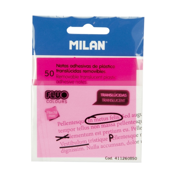 Milan Fluo Pack De 50 Notas Adhesivas - Translucidas - Removibles - 76X76Mm - Color Rosa