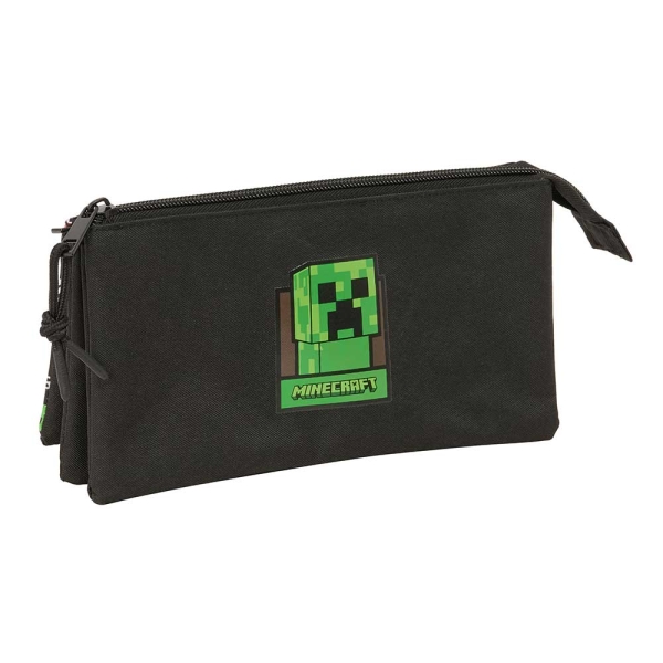 Safta Minecraft Portatodo - 3 Compartimentos Con Cremalleras - Bolsillo Interior - 0.6L - 220X30X120Mm - Color Negro