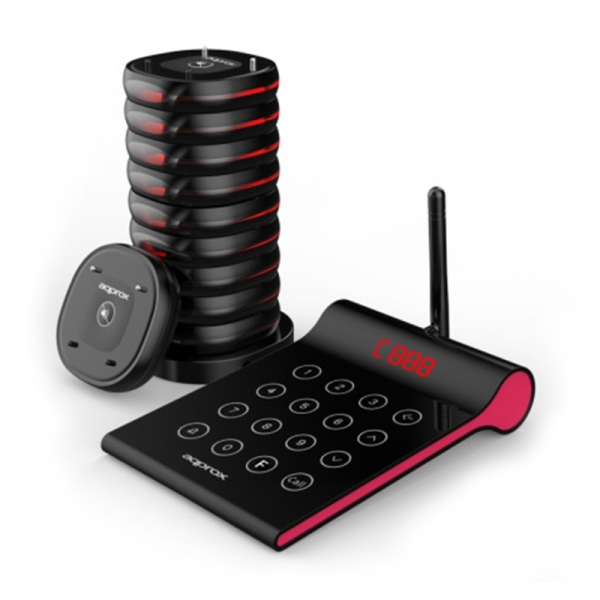 Approx Customer Caller Kit Avisador De Clientes - Base De Carga - 10 Unidades - 400M Alcance - Transmisor Con Teclado Tactil - Color Negro