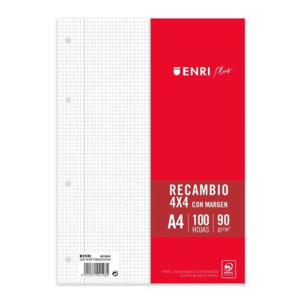 Enri Plus Recambio Formato A4 - Cuadriculado 4X4Mm 4 Taladros - 100 Hojas 90Gr Con Margen