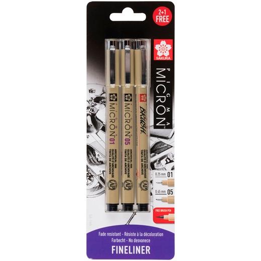 Talens Sakura Rotuladores Pigma Micron 0,25Mm/0,45Mm/Brush Negro Estuche 3 Ud