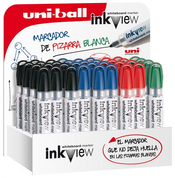 Uni-Ball Inkview Pwb-202 Expositor De 36 Marcadores De Pizarra Blanca - Punta Conica 1.8-2.2Mm - Zona Transparente Para Nivel De Tinta - Escritura Brillante Y Facil Borrado - Color Surtido