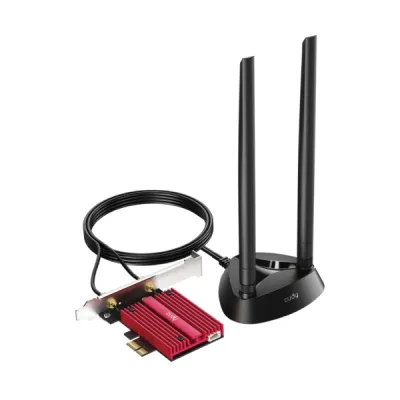 Cudy Adaptador De Red Pcie Tribanda Wifi 7 Be9300 - Bluetooth 5.4 - Disipador Termico - Base De Antena Magnetizada - Color Negro/Rojo