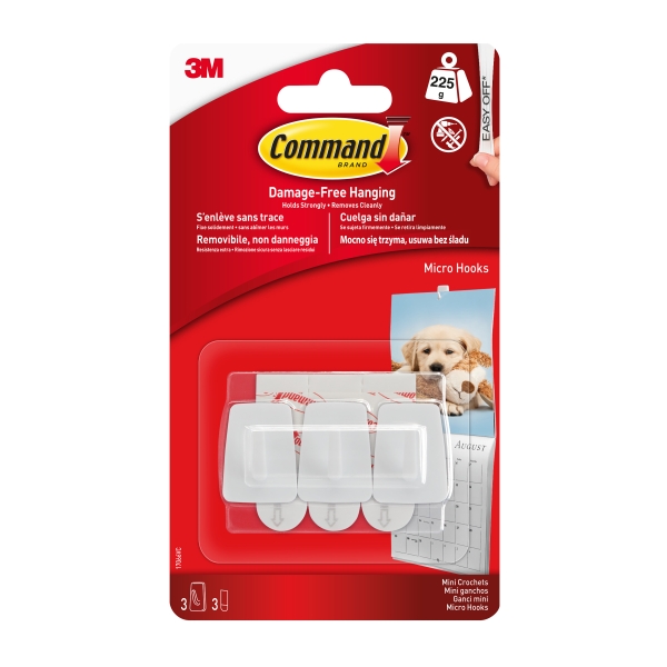 Command Mini Pack De 3 Ganchos - 3 Tiras Adhesivas - Soportan Hasta 225G - Color Blanco