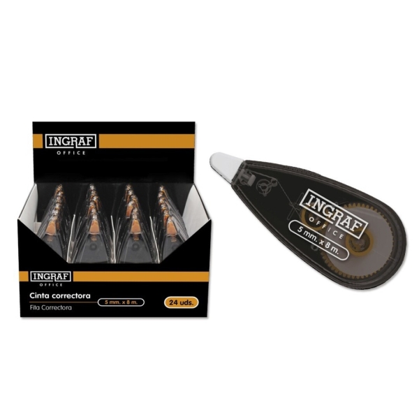 Ingraf Cinta Correctora 5Mm X 8M - Cuerpo Transparente - Forma Ergonomica