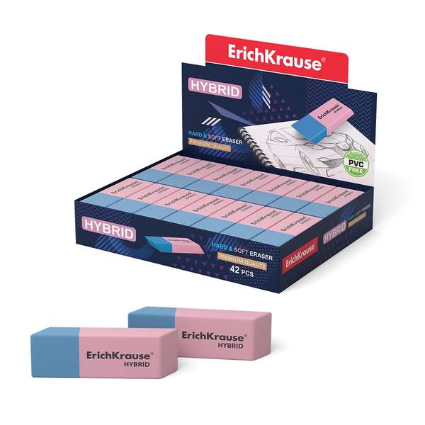 Erichkrause Hybrid Borrador De Doble Cara - Diferente Grado De Dureza - Caucho Termoplastico Hipoalergenico - Color Rosado Y Azul