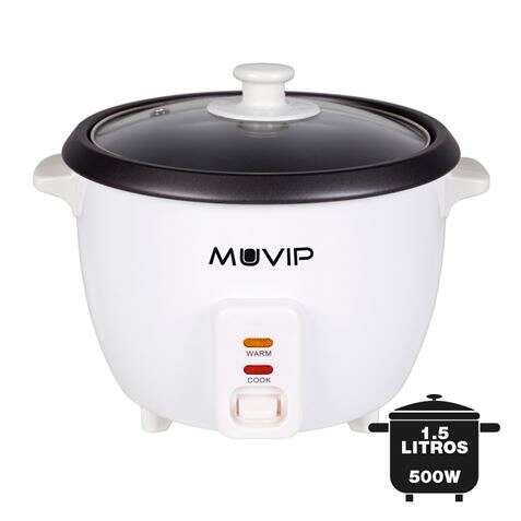 Muvip Arrocera - Capacidad 1.5 Litros - Potencia 500W - Sistema De Coccion Y Calentamiento - Recipiente Interior De Aluminio Antiadherente - Tapa De Cristal - Color Blanco