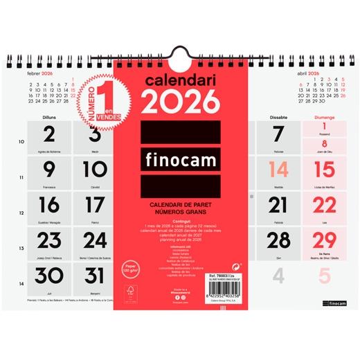 Finocam Calendario De Pared Números Grandes M-300X210Mm Mv Neutro 2026 Catalán