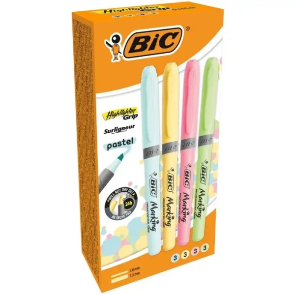 Bic Highlighter Grip Pack De 12 Marcadores Fluorescentes Pastel - Punta Biselada - Trazo Entre 1.60 Y 3.30Mm - Grip Texturizado - Colores Pastel Surtidos