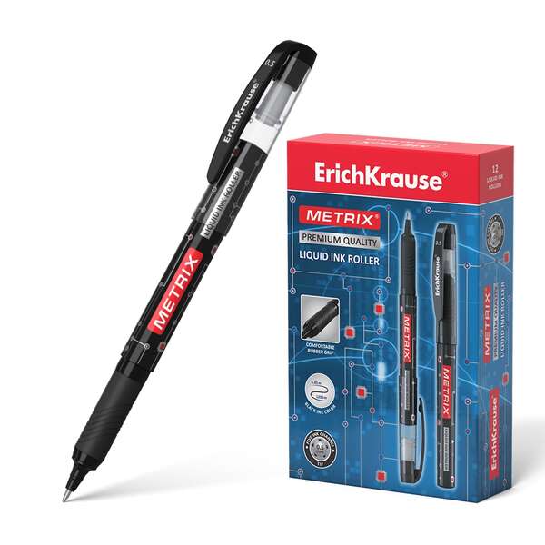 Erichkrause Metrix Boligrafo Tinta Gel - Punta 0.5Mm - Agarre De Goma - Capuchon Con Clip - Secado Rapido - Color Negro