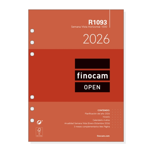 Finocam R1093 Recambio Anual 2026 Para Agendas Open 2026 - Formato 1000 - 155X6X215Mm - Semana Vista Horizontal - Color Blanco