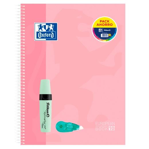 Oxford Pack Cuaderno Europeanbook 10 Touch 150H A4+ 5X5 Tapa Extradura + Textmarker 490 + Fancy Roller Surtido 4 Colores Pastel