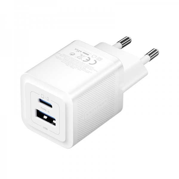 Vention Cargador De Pared Gan 2 Puertos Usb (C+A) (30W/30W) - Carga Rapida Eu - Color Blanco