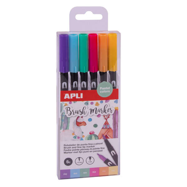 Apli Brush Marker Pack De 6 Rotuladores Acuarelables De Doble Punta - Punta Pincel De 1-4Mm Y Punta Redonda De 1Mm - Tinta Base De Agua Inodora Y No Toxica - Colores Pastel Surtidos