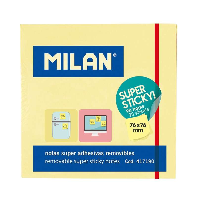 Milan Bloc De 90 Notas Super Adhesivas - Removibles - Mayor Permanencia - 76Mm X 76Mm - Color Amarillo Pastel