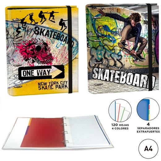 Senfort Carpeta Anillas 4X30Mm Ringbook C/Recambio 120H A4 C/Goma 4 Separadores Skateboard Surtido