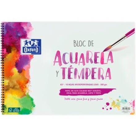 Oxford Bloc Pintura Acuarela Y Témpera 10H 300Gr Espiral A3+ Liso Blanco