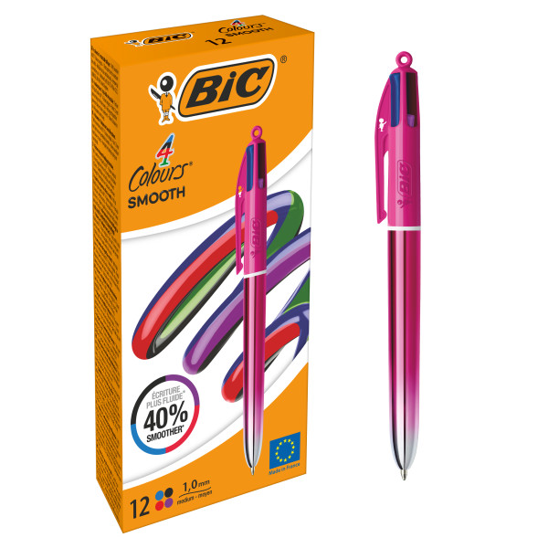 Bic 4 Colours Smooth Gradient Rosa Boligrafo De Bola Retractil - Punta Media De 1.0Mm - Escritura Un 40% Mas Suave - 4 Colores De Tinta