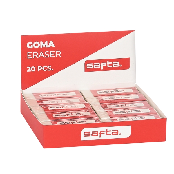 Safta Expositor Con 20 Gomas - Pvc - Borrado Limpio - Suave Al Tacto - Color Blanco