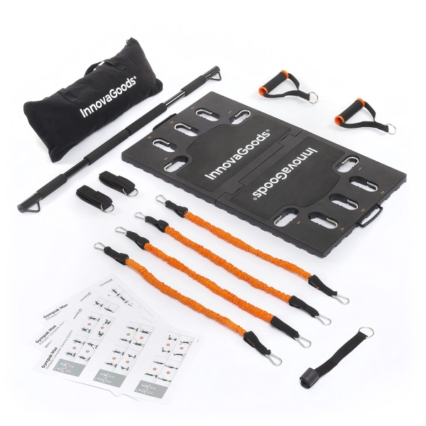 Innovagoods Gympak Max Set De Entrenamiento Integral Portatil - Resistencia Ajustable - Compacto - Guia De Ejercicios - Bolsa De Transporte - Base Antideslizante - 51X87X3Cm - Color Negro Y Naranja