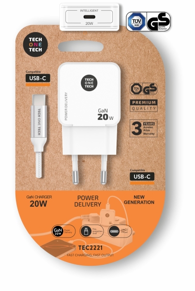 Techonetech Cargador De Pared Ultrarrápido Gan 20W Blanco + Cable Usb-C