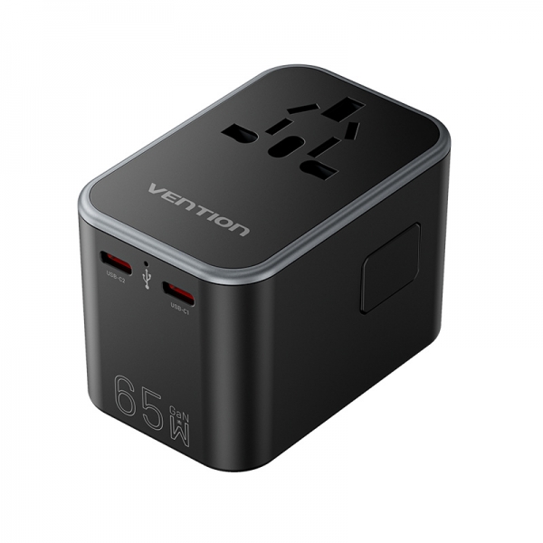 Vention Adaptador De Viaje Universal Gan 65W - 3 Puertos Usb (C+C+A 65W/65W/30W) - Color Negro