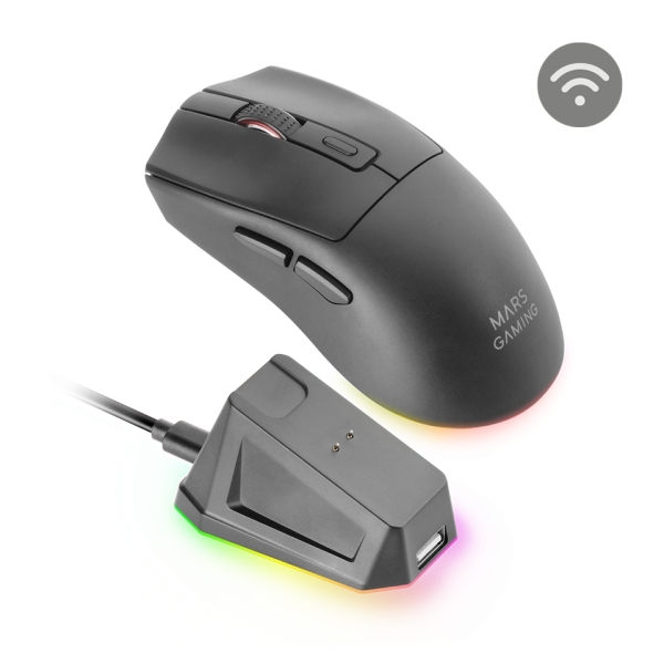 Mars Gaming Mm-T3 Raton Inalambrico Ultraligero - 14400Dpi - Bluetooth 5.0 - Rf 2.4Ghz - Switches Huano - Base Con Luces Rgb - 7 Botones Configurables - 118X64X40Mm - Color Negro