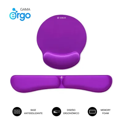Subblim Pack Ergo Memoryflex Alfombrilla Ergonomica Para Raton Y Reposamuñecas Teclado - Espuma Elastica - Microtexturizada Impermeable - Base Antideslizante - Color Lila