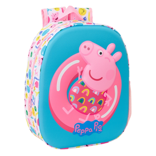 Safta Peppa Pig Mochila 3D - Asa De Mano - Portabotellas Lateral - 27X33X10Cm - Color Azul/Rosa