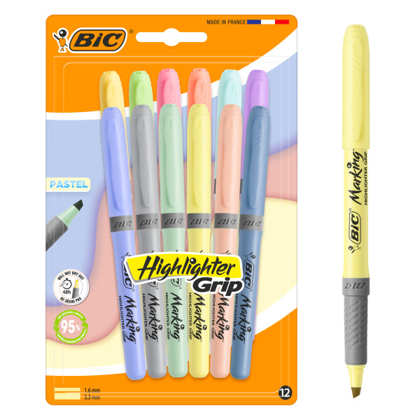 Bic Highlighter Grip Pastel Pack Con 12 Marcadores Fluorescentes Pastel - Punta Biselada - Trazo Entre 1.60 Y 3.30 Mm - Grip Texturizado - Colores Surtidos