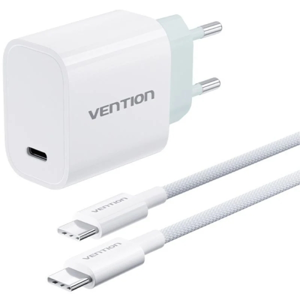 Vention Cargador De Pared - 30W - Cable De 1M Incluido - Chaqueta Trenzada De Algodon Y Tpe - Usb-C - Carga Rapida - Color Blanco