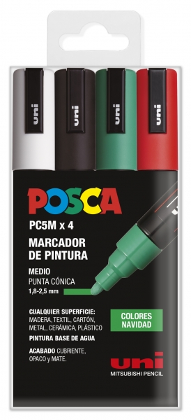 Posca Pc-5M Estuche De 4 Marcadores De Pintura - Punta De Bala 1.8-2.5Mm - Tinta Base Al Agua - Resistente A La Luz - Color Surtido