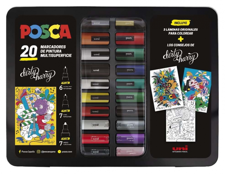 Posca Maleta Metalica Con 20 Marcadores De Pintura - Surtido En Color Y Trazo - Punta De Poliester - Tinta Pigmentada Base Agua - Resistente A La Luz - Incluye Laminas Y Consejos De Dirty Harry - Colores Surtidos