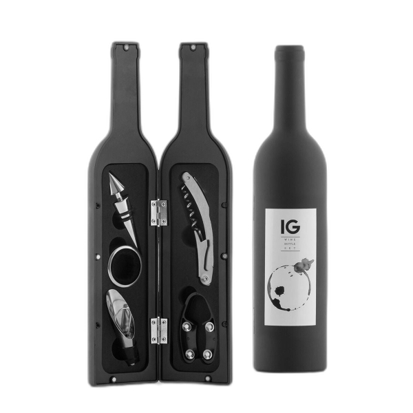 Innovagoods Set De 5 Accesorios Para Vino - Estuche En Forma De Botella - Ideal Para Regalar - Compacto Y Practico - Cierre Imantado - Uso Decorativo - 7X33Cm - Color Negro
