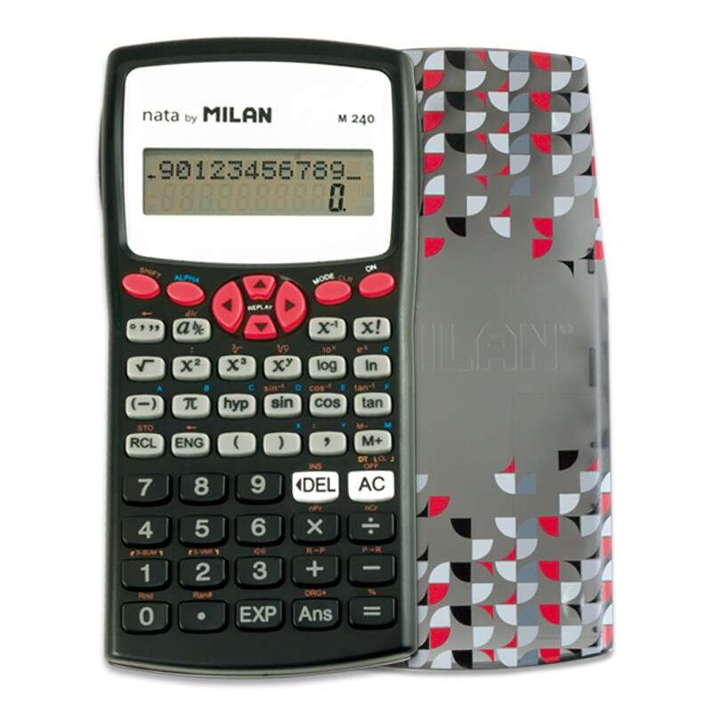 Milan M240 Calculadora Cientifica 10+2 Digitos - Pantalla De 2 Lineas - 240 Funciones Integradas Incluyendo 124 Cientificas - Carcasa Protectora Estampada - Color Negro/Blanco/Rojo/Gris