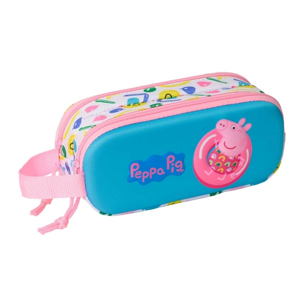 Safta Peppa Pig Estuche Portatodo 3D De 1L - 2 Compartimentos - Cierre De Cremallera - Asa De Mano - 21X8X6Cm - Color Blanco Y Azul