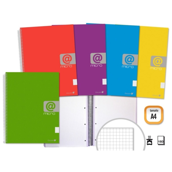 Golden Cuaderno Espiral A4 160 Hojas 60Grs Cuadricula 5X5 - Hojas Microperforadas Con 4 Taladros Y 4 Bandas De Color - Tapa Resistente Forrada - Colores Surtidos