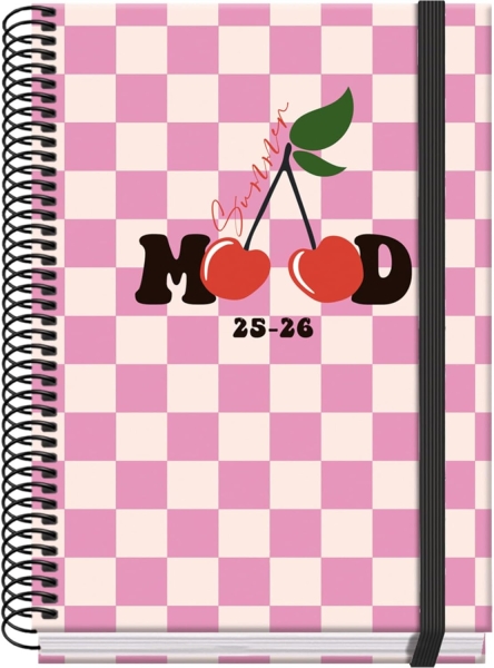 Dohe Cherry Agenda Escolar 25/26 Espiral A5 - Semana Vista - Papel 70G/M2 - 4 Hojas De Pegatinas - Cubierta De Carton Plastificado - Cierre Con Goma Elastica