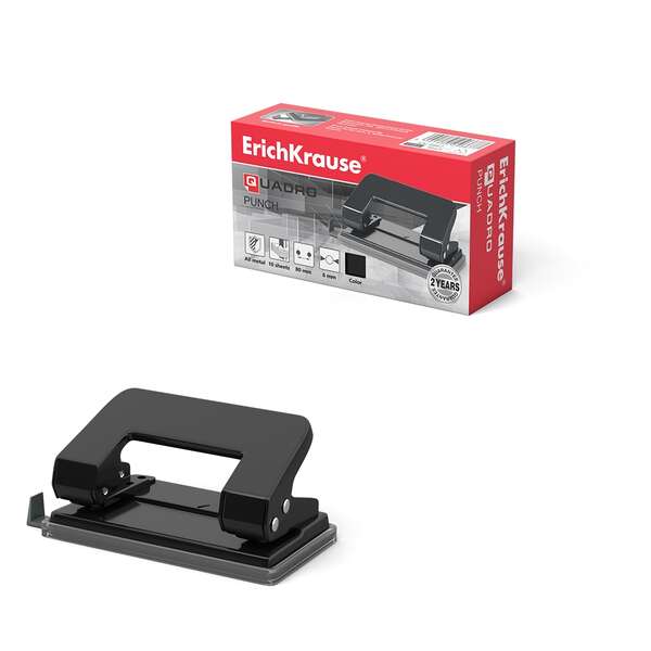 Erichkrause Quadro Classic Taladro Perforador Metalico - Perfora Hasta 10 Hojas - Cuerpo Y Mecanismo De Acero - Punzones 6Mm - Color Negro