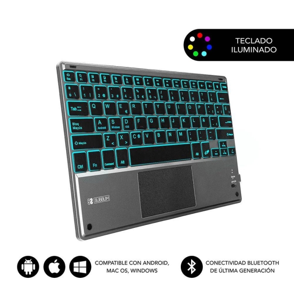 Subblim Teclado Retroiluminado Ultrafino Smart Bt - Touchpad - Iluminación Hasta 7 Colores Ajustables - Bluetooth 3.0 - Autonomia 30 Dias - Color Negro