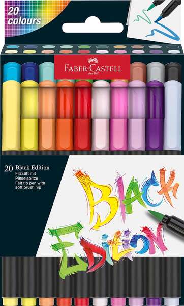 Faber-Castell Black Edition Pack De 20 Rotuladores Punta Pincel - Tinta A Base De Colorantes Alimentarios - Colores Surtidos
