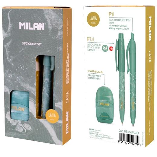 Milan Caja Regalo Serie Lava Con Bolígrafo P1, Portaminas Pl1 0.5 Y Afilaborra Capsule Verde