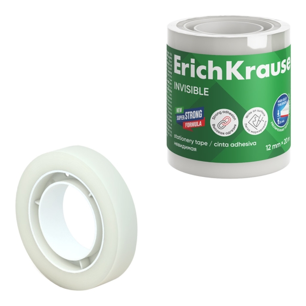 Erichkrause Cinta Adhesiva Invisible 12Mmx20M - Superficie Mate - Apta Para Escribir Encima - Transparente