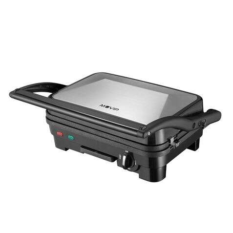 Muvip Sandwichera Inox 1800W - Placas Antiadherentes Reversibles Grill, Lisa - Selector De Temperatura - Placa Superior Basculante - Asas Tacto Frio
