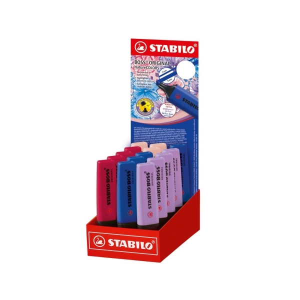 Stabilo Boss Naturecolors Wildflower Edition Expositor Con 15 Marcadores - Trazo Entre 2 Y 5Mm - Tinta Con Base De Agua - Colores Azul Marino, Colorete, Lila Grisaceo Y Rojo Borgoña