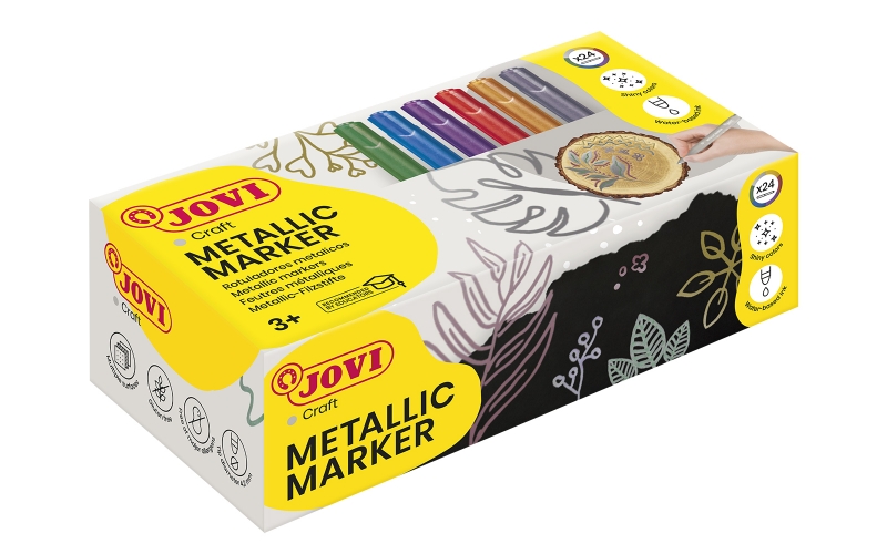 Jovi Metalic Caja De 24 Rotuladores - Colores Efecto Metalico - Tinta Base De Agua - Facil Limpieza - Ideal Para Papel Oscuro Y Cartulina - Colores Surtidos