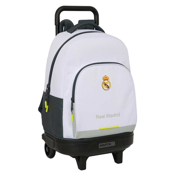Safta Real Madrid Compact Mochila Con Carro Integrado - Portabotellas - Extraible Para Limpieza - Carro De Pp, Acero Y Pvc - 33X45X22Cm - Color Blanco Y Negro