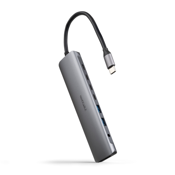 Nanocable Hub Usb-C 8 En 1 - Conversor Usb-C 3.1 A 2 X Usb-A 3.0 + 3 X Usb-C 3.0 + Usb-C Pd 100W + Hdmi 4K@60Hz + Audio Jack 3.5 - Aluminio - 18Cm - Color Gris
